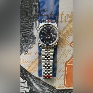36mm Luxury Style Automatic Stainless Steel Watch Blue Dial Diamonds